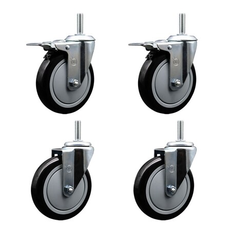 Service Caster 5 Inch Black Polyurethane Swivel 34 Inch Threaded Stem Caster Set 2 Total Lock Brakes SCC-TSTTL20S514-PPUB-BLK-34212-2-S-2